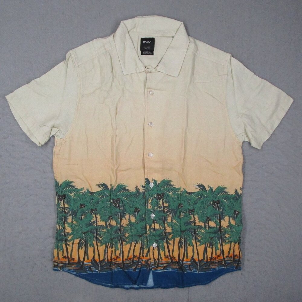 RVCA Shirt Mens Medium Easy Fit Linen Blend Button Up Short Sleeve Palms Tiki